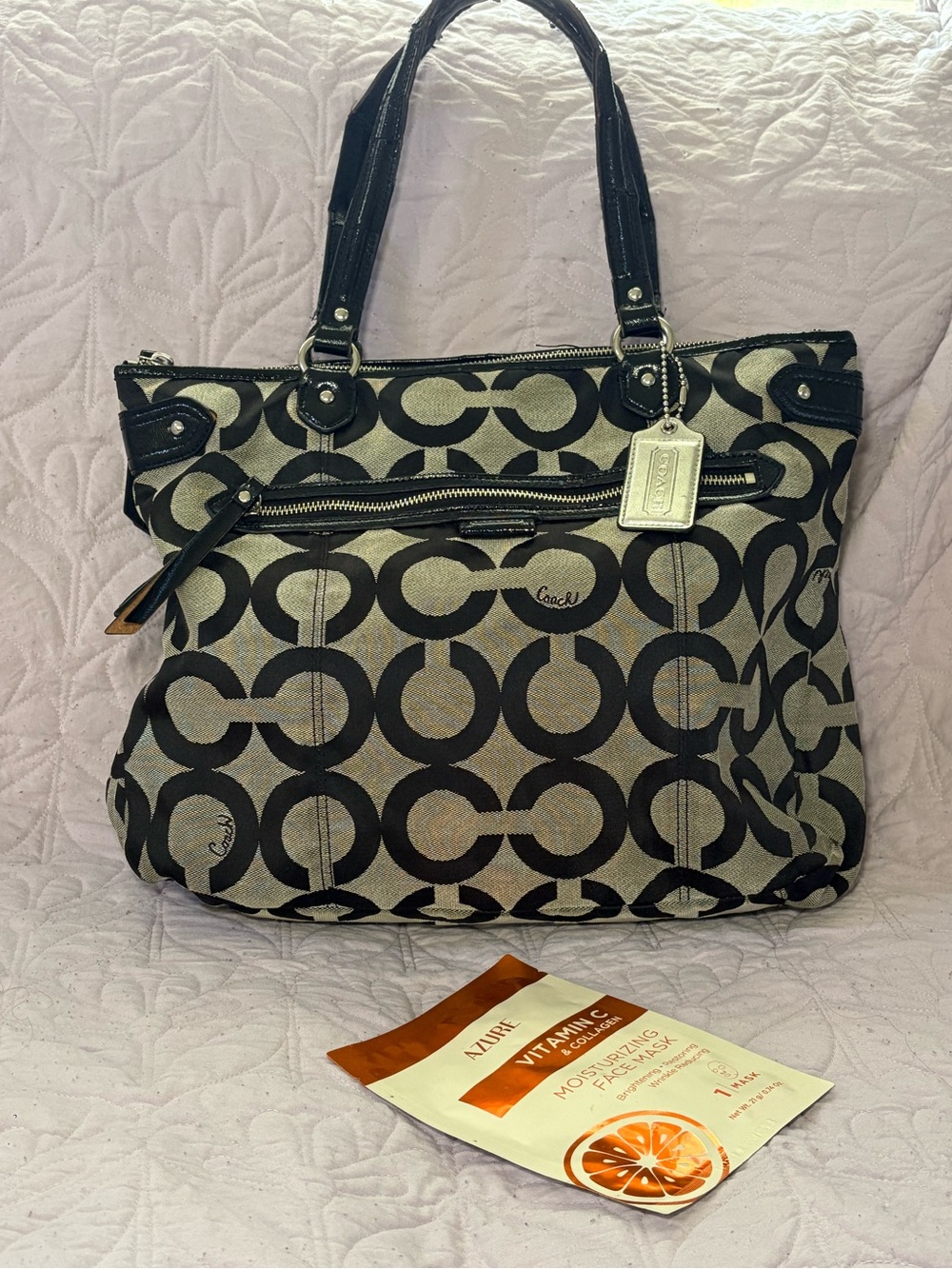 Coach Black & Gray Signature Canvas Tote with Leather Trim